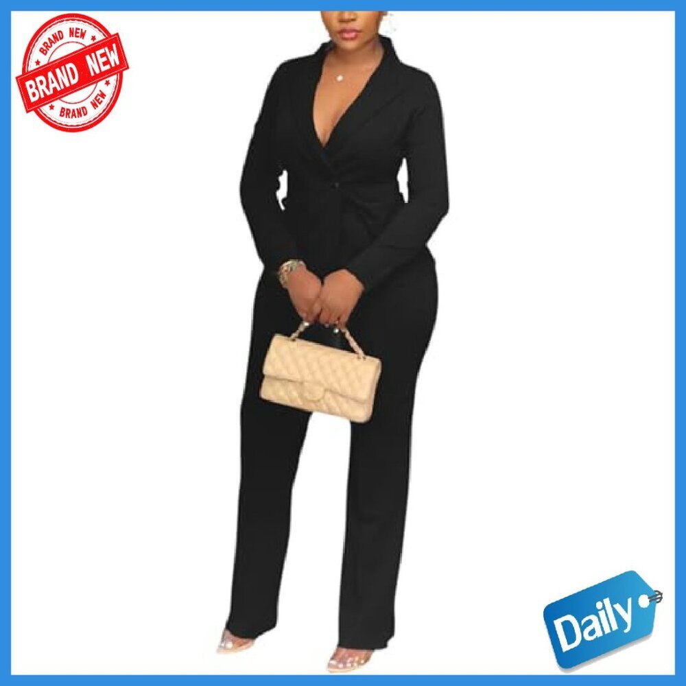 Women's Double Breasted Blazer Pantsuit 2-Piece Set Slim Fit Formal - Picture 3 of 8